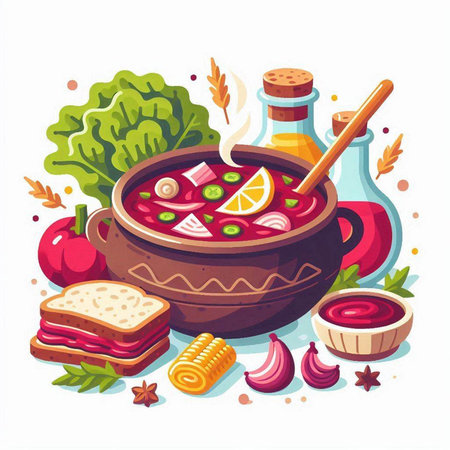 Borscht soup in clay pot with ingredients. Vector illustration.のイラスト素材