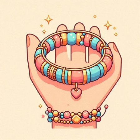 Illustration of a woman's hand holding a bracelet made of beads and precious stonesのイラスト素材