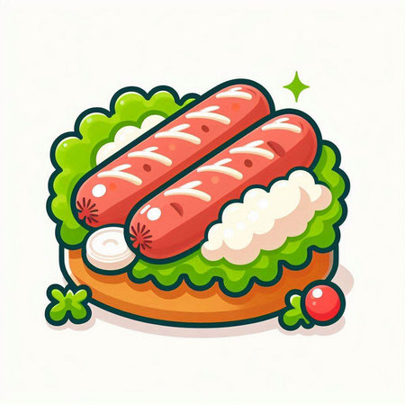 Illustration of a sandwich with sausage, lettuce, onion and tomatoのイラスト素材