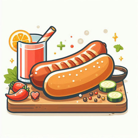 Hot dog with a glass of tomato juice and ingredients. Vector illustration.のイラスト素材