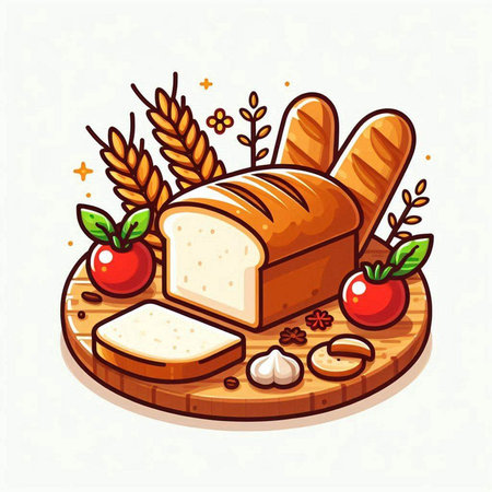 Illustration of bread and wheat on a wooden board. Vector illustrationのイラスト素材