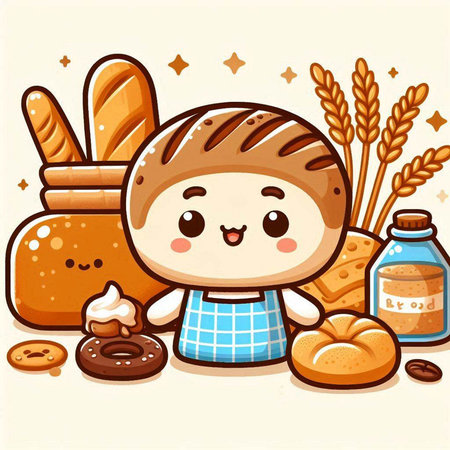 Bread and bakery products. Cute cartoon character. Vector illustrationのイラスト素材
