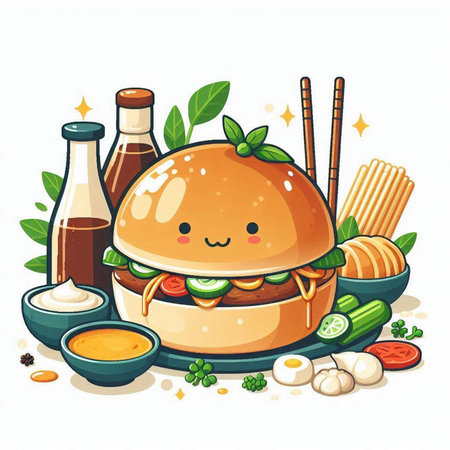 Illustration of a cute cartoon hamburger with vegetables and sauces.のイラスト素材