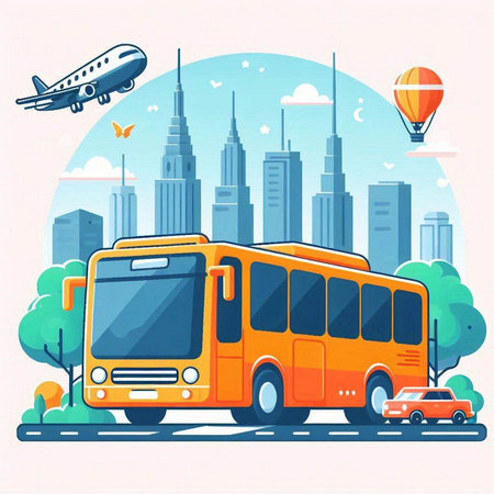 Bus on the background of the city. Vector illustration in flat styleのイラスト素材