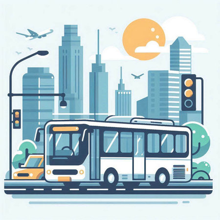 Bus on city street. Vector illustration in flat linear style. Cityscape background.のイラスト素材