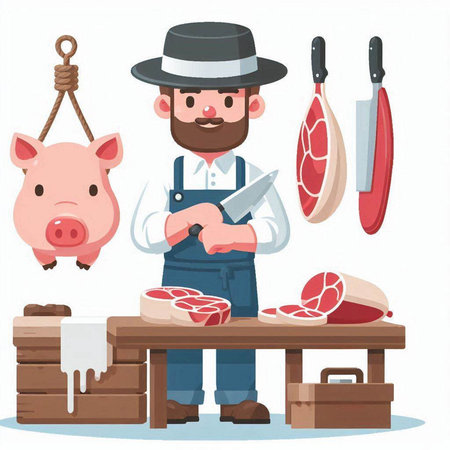 Butcher with a knife in his hands cuts meat. Vector illustrationのイラスト素材