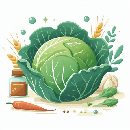 Cabbage, carrot, wheat, olive oil. Vector illustration.のイラスト素材
