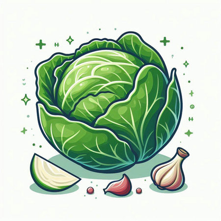 Illustration of fresh green cabbage with garlic and peppercorns.のイラスト素材