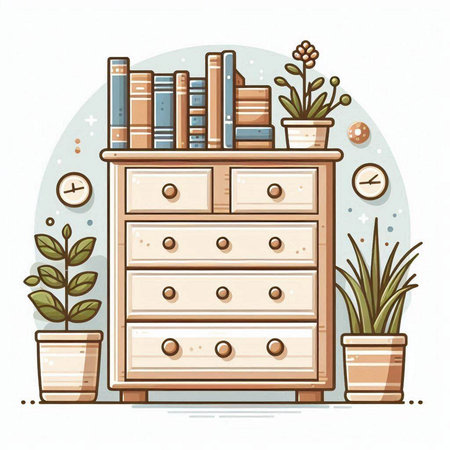 Cartoon illustration of a chest of drawers with books and plantsのイラスト素材
