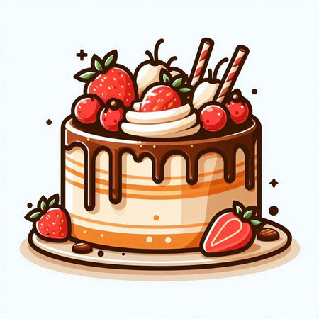 Cake with strawberries, cherries and whipped cream. Vector illustration.のイラスト素材
