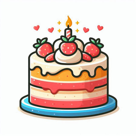 Birthday cake with strawberry and candle, vector illustration isolated on white background.のイラスト素材