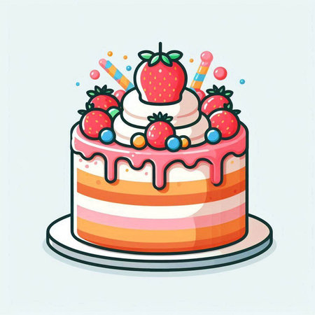 Birthday cake with strawberry, vector illustration. Flat design style.のイラスト素材