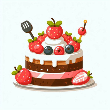 Cake with strawberries, blueberries and cherries. Vector illustration.のイラスト素材