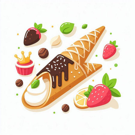 Ice cream dessert with strawberry, chocolate and mint. Vector illustration.のイラスト素材