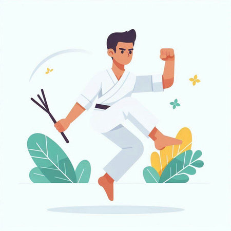 Taekwondo vector illustration. Man in white kimono practicing martial arts.のイラスト素材