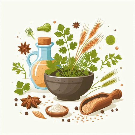 Herbs and spices in mortar. Vector illustration in flat style.のイラスト素材