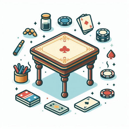 Poker table with playing cards and chips. Isometric vector illustration.のイラスト素材