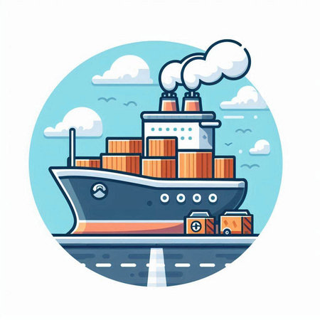 Cargo ship with containers on the road. Vector flat illustration.のイラスト素材