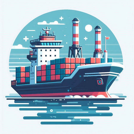 Cargo ship on the sea. Cargo transportation. Vector illustration.のイラスト素材