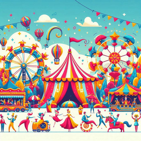 Carnival background with people and rides. Vector illustration in cartoon styleのイラスト素材