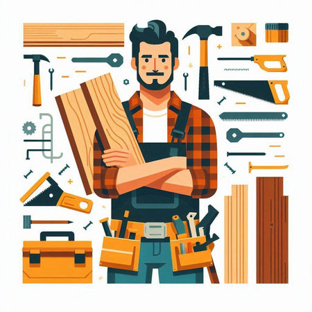 Carpenter with various tools. Vector illustration in flat style.のイラスト素材
