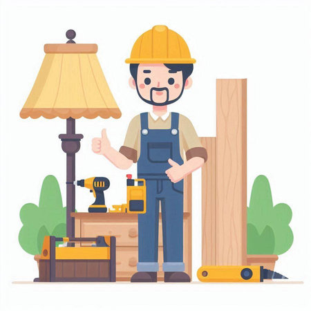 Carpenter in hardhat and overalls working with tools. Vector illustrationのイラスト素材