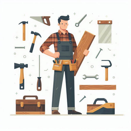 Carpenter with tools. Vector illustration in flat cartoon style.のイラスト素材