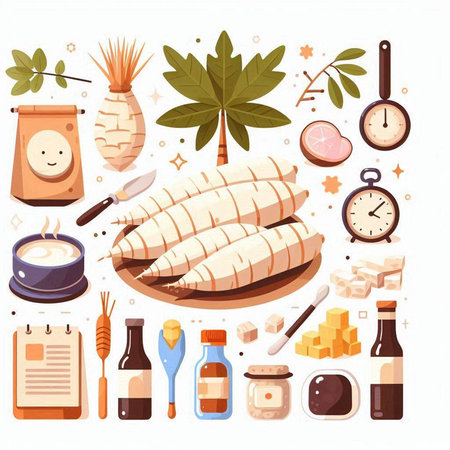 Illustration of a set of food and kitchen items on a white backgroundのイラスト素材
