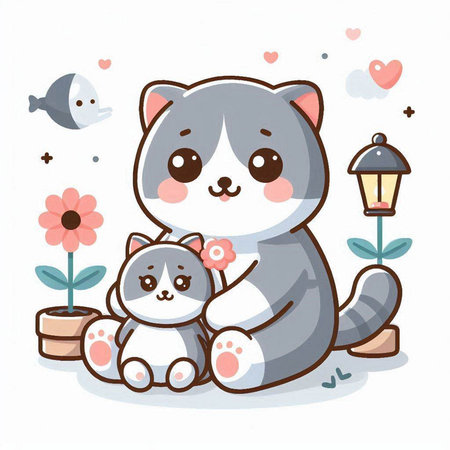 Kawaii cat and dog in love. Cute cartoon vector illustration.のイラスト素材