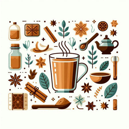 Cup of tea with cinnamon, star anise and cloves. Vector illustration in flat styleのイラスト素材
