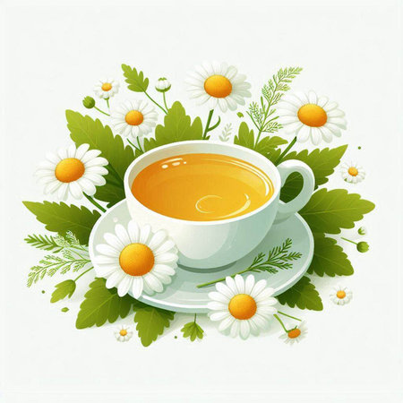 Cup of herbal tea with chamomile flowers and leaves on white backgroundのイラスト素材