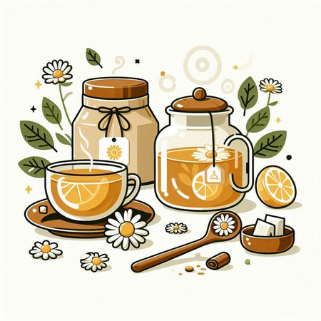 Tea set with lemon, honey and chamomile. Vector illustration.のイラスト素材
