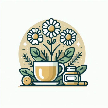 Cup of tea with chamomile flowers and leaves. Vector illustration.のイラスト素材