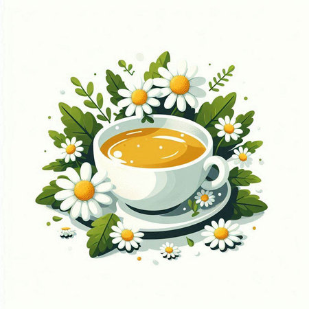Cup of tea with chamomile flowers and leaves. Vector illustration.のイラスト素材