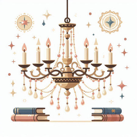 Vector illustration of a chandelier with candlestick and booksのイラスト素材