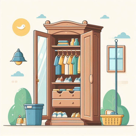 Wooden wardrobe with clothes and accessories. Vector illustration in flat styleのイラスト素材