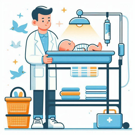 Doctor with a newborn baby in a hospital ward. Vector illustration.のイラスト素材