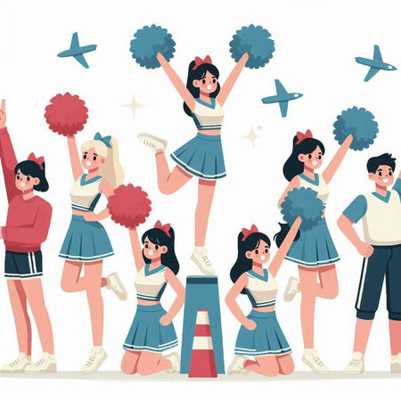 Cheerleaders set. Cheerleader girls and boys. Cheerleaders in uniform. Cheerleaders vector illustration. Cheerleader girls and boys. Cheerleaders with pompoms.のイラスト素材