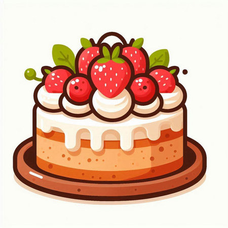 Cake with strawberries and whipped cream on a white background. Vector illustration.のイラスト素材