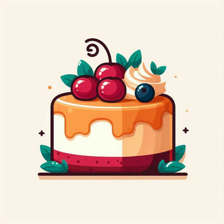 Cake vector illustration. Cake with cherries and whipped cream.のイラスト素材