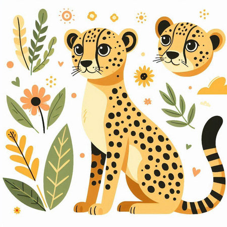 Cartoon cheetah with flowers and leaves. Vector illustration.のイラスト素材
