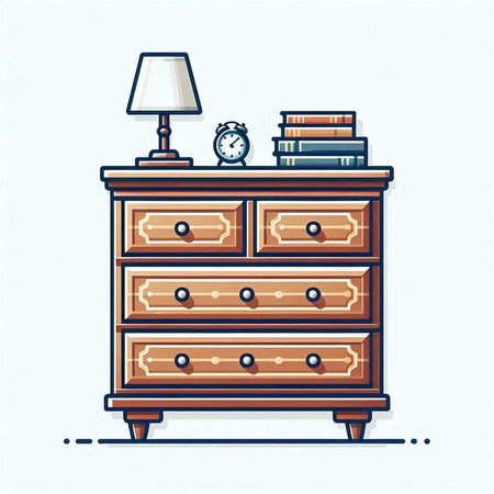 Vector illustration of wooden chest of drawers with books and lamp.のイラスト素材