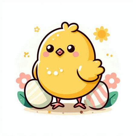 Cute little chicken with egg on white background. Vector illustration.のイラスト素材
