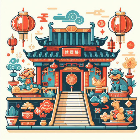 Chinese new year greeting card with chinese traditional elements. Vector illustration.のイラスト素材
