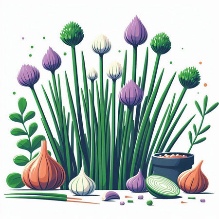 Vector illustration of a bunch of chives, onion and garlic.のイラスト素材