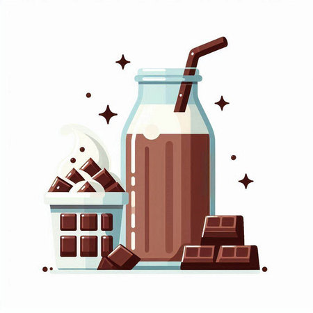 Chocolate milkshake in a glass jar with ice cream and chocolate bars. Vector illustration.のイラスト素材