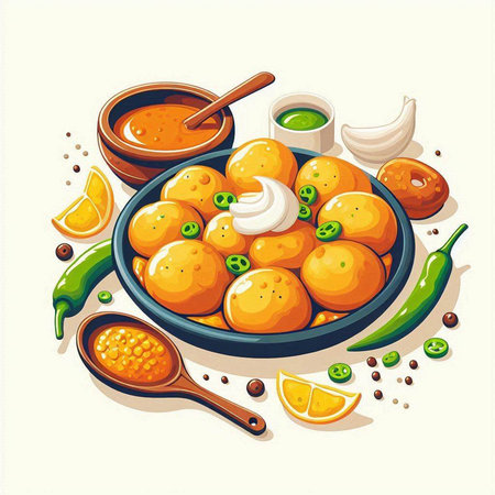 Vector illustration of traditional indian sweet potato masala in bowl with ingredients.のイラスト素材