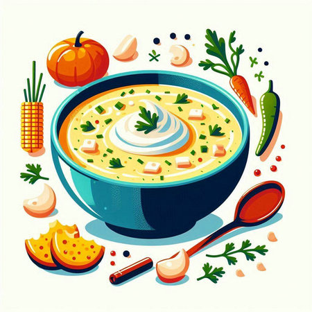 Vegetable soup with cream and sour cream. Vector illustration.のイラスト素材