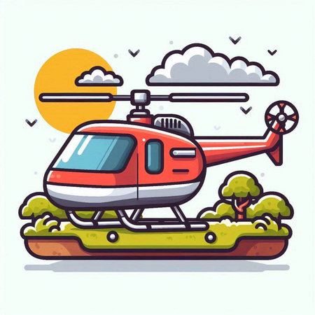 Helicopter on the grass. Vector illustration in cartoon style.のイラスト素材