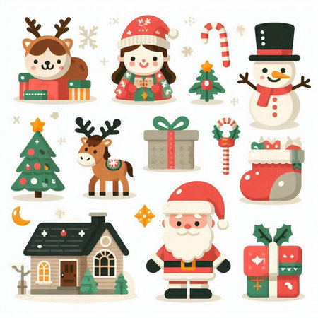 Christmas and New Year icons set with Santa Claus, reindeer, house, snowman, Christmas tree, snowflakes, candy canes. Vector illustration.のイラスト素材